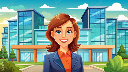Happy business woman standing outside a office building