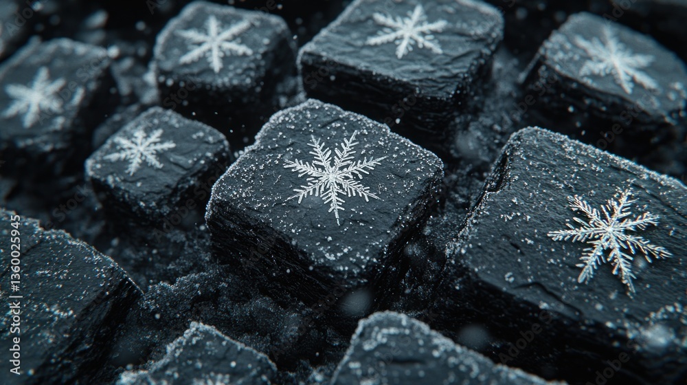 Frozen snowflake-covered dark stone blocks, winter scene Frozen snowflake-covered dark stone blocks, winter scene
