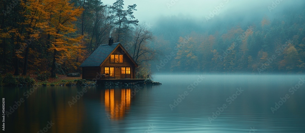 Fototapeta premium Lakeside Cabin Lights Foggy Autumn