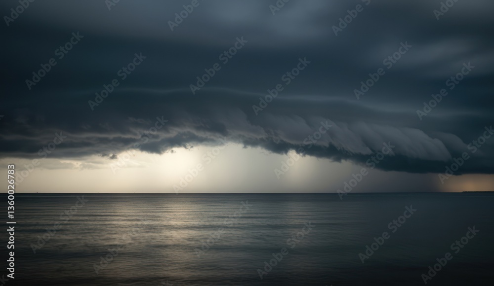 Fototapeta premium A moody seascape featuring a dark storm cloud hovering over the sea.