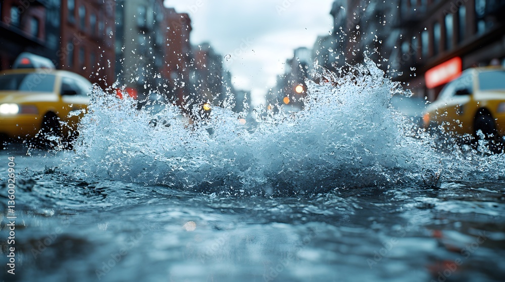 Fototapeta premium Water burst from a cracked city pipeline flooding the street 3D illustration