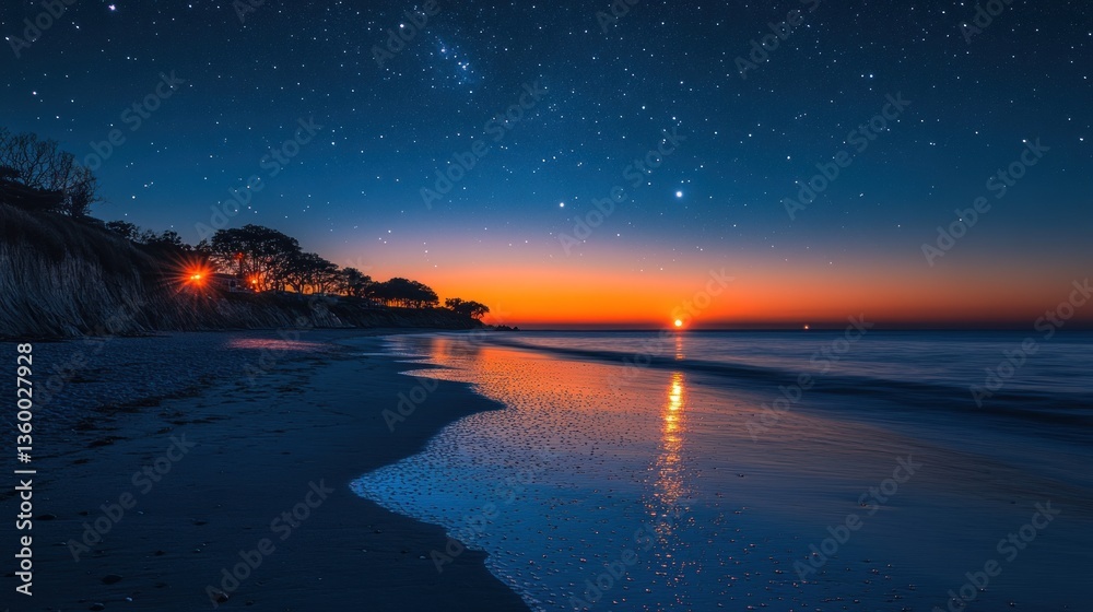 Fototapeta premium Starry night sunrise beach scene