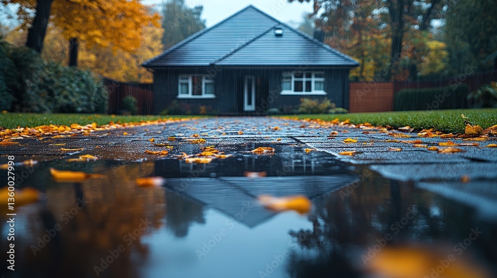 Fototapeta premium Autumnal reflection of cozy home on wet pathway