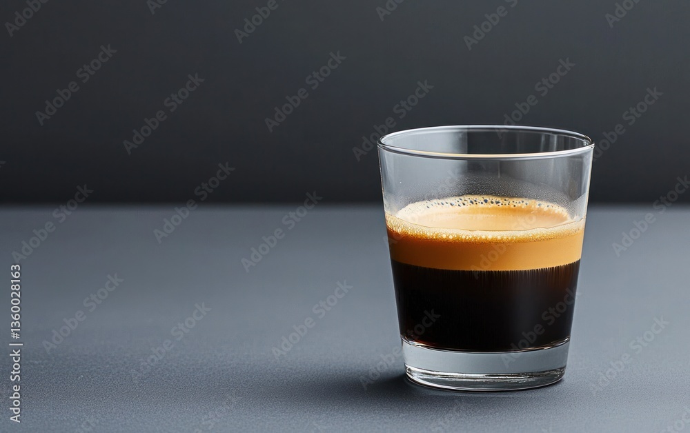 Close-up of espresso in a clear glass on a dark gray surface. The crema is visible on the top of the dark brown espresso. The background is a blurry dark gray Close-up of espresso in a clear glass on a dark gray surface. The crema is visible on the top of the dark brown espresso. The background is a blurry dark gray