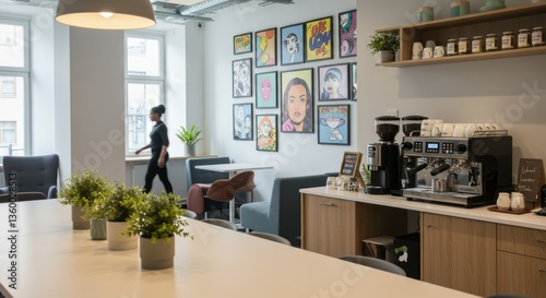 Stylish office break room with coffee machine and modern artwork. Person walking.