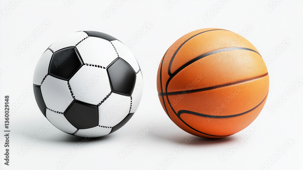 close up image of soccer ball and basketball side by side white background, showcasing their distinct textures and patterns. soccer ball features black and white pentagons, while basketball has close up image of soccer ball and basketball side by side white background, showcasing their distinct textures and patterns. soccer ball features black and white pentagons, while basketball has