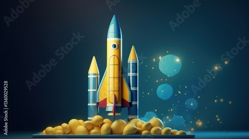 Rendering rocket launched showing successful growing start up business, blue background. Generate AI