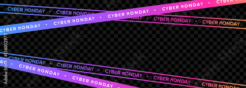 Cyber Monday gradient tape banner. Neon futuristic warning stripe with glowing text on transparent background. Promo design for online sales, digital ads. Vector illustration