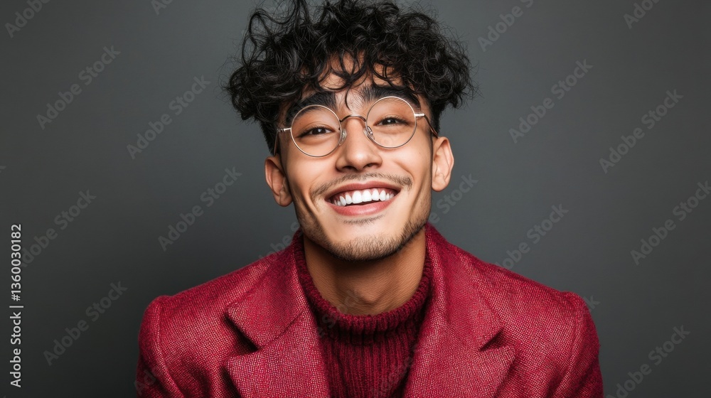 Obraz premium Cheerful handsome man with trendy haircut studio portrait lifestyle warm background close-up positive vibes