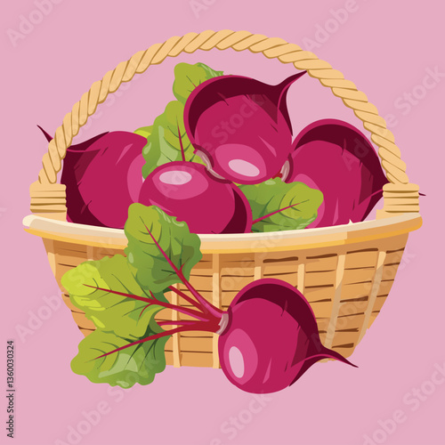 A basket of fresh beetroots with their green leaves peeking out, arranged neatly for a farm-fresh, rustic feel.