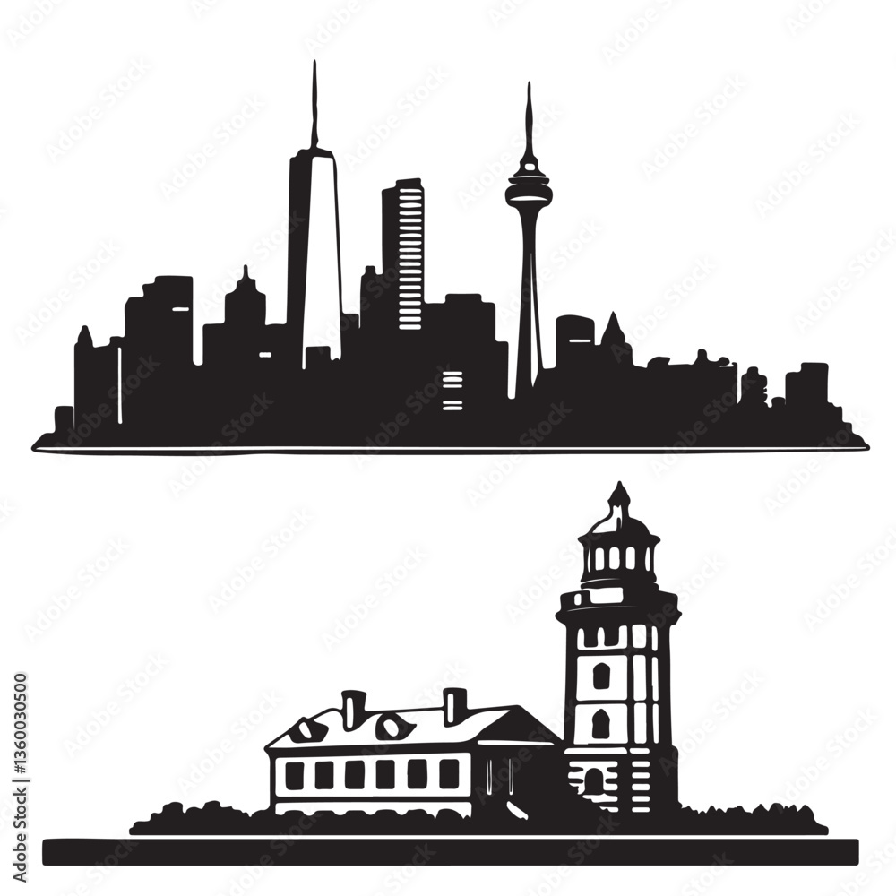 Naklejka premium City silhouette vector set. Panorama city background. Skyline urban border collection vector