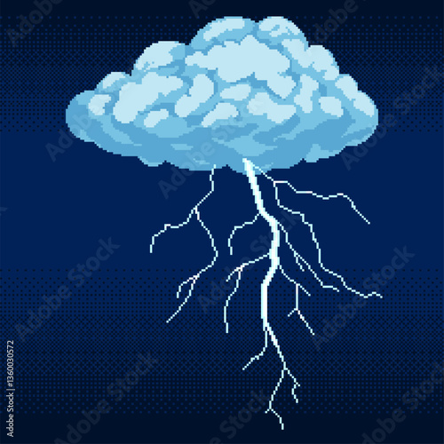 Cloud with lightning thunder pixel art. Dark thundercloud thunderstorm cloud 8 bit illustration for video game or mobile app.
