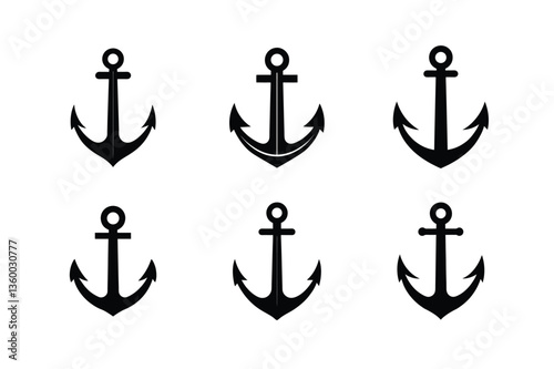monochrome sea anchor icon art set vector silhouette