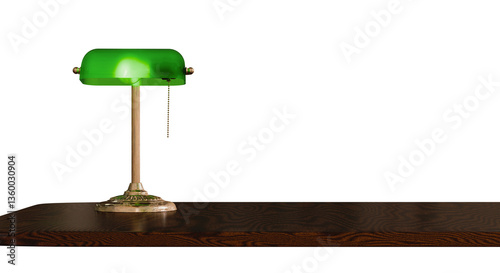 A 3D-rendered image of a classic green banker’s lamp with a brass stand, placed on a dark wooden desk. The lamp emits a soft glow, creating a vintage and elegant atmosphere.