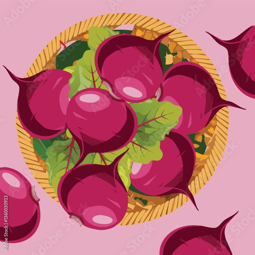 A basket of beetroots, freshly gathered, with the deep red roots and leafy tops creating a natural, organic composition