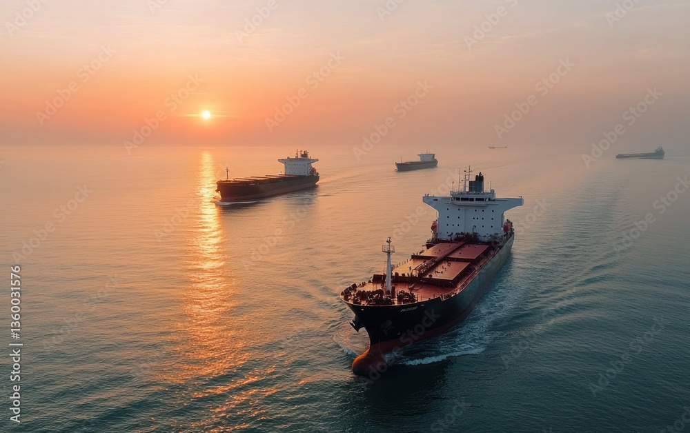 Naklejka premium Three large cargo ships sail on calm ocean waters at sunset. Golden light reflects on the water's surface. Aerial view