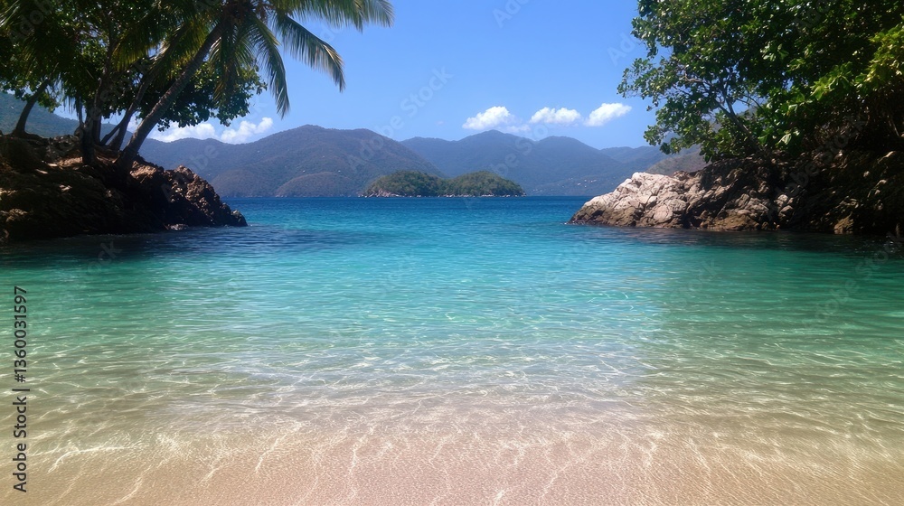 Fototapeta premium Relax on a serene beach with crystal-clear waters, palm trees, and gentle breezes, perfect for a summer escape