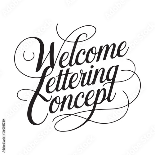 A minimalist logo with the text "Welcome lettering concept" in a calligraphy style. The text is written in black ink and is placed on a white background.