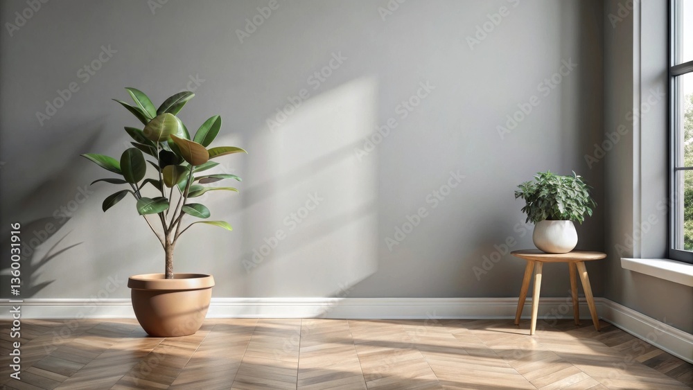Fototapeta premium Sunlit Room Interior Design with Potted Plants on Hardwood Floor