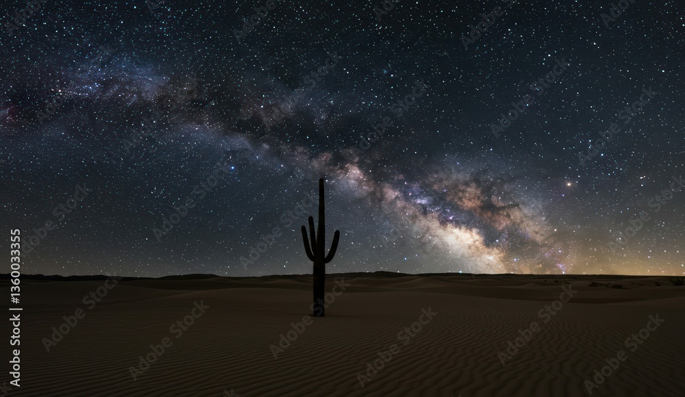 Fototapeta premium Night desert with a tall cactus against a breathtaking Milky Way backdrop.