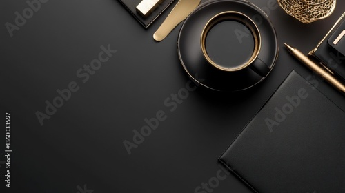 lifestyle flatlays Luxury Lifestyle and High End Fashion clean. Black and Gold Luxury Office Desk Flatlay photo