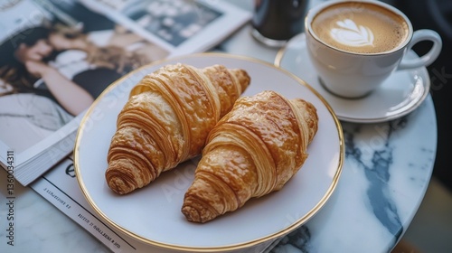 lifestyle flatlays Luxury Lifestyle and High End Fashion clean. Two Golden Brown Croissants with Latte on Marble Table photo