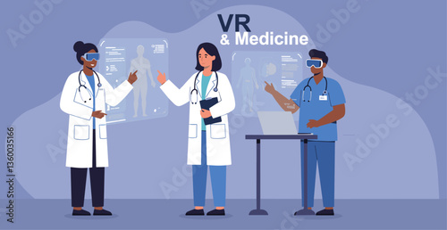Group of medical team using VR headset for medicine improvements. Minimalist flat design illustration
