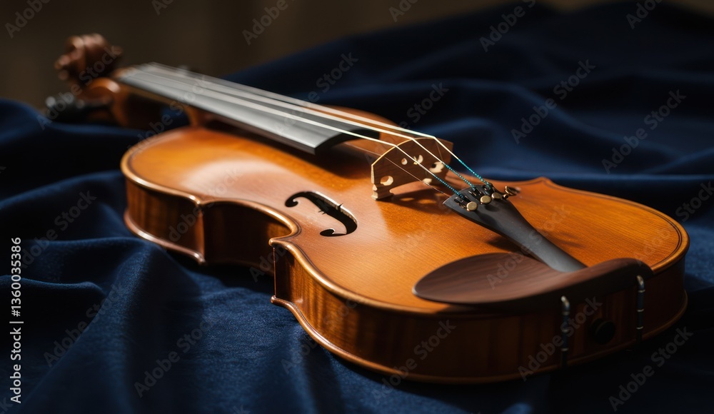 Fototapeta premium Elegant violin on a blue velvet fabric, lit in a dramatic studio setting.