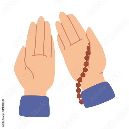 Human hands praying with prayer beads flat vector illustration isolated on white.