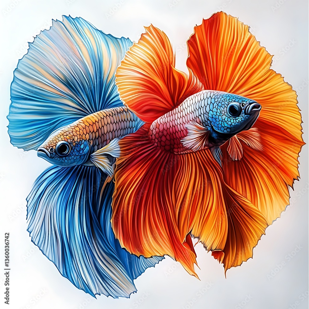 Fototapeta premium Two Siamese Fighting Fish with Vibrant, Flowing Fins. A Stunning Artistic Depiction of Aquatic Life.