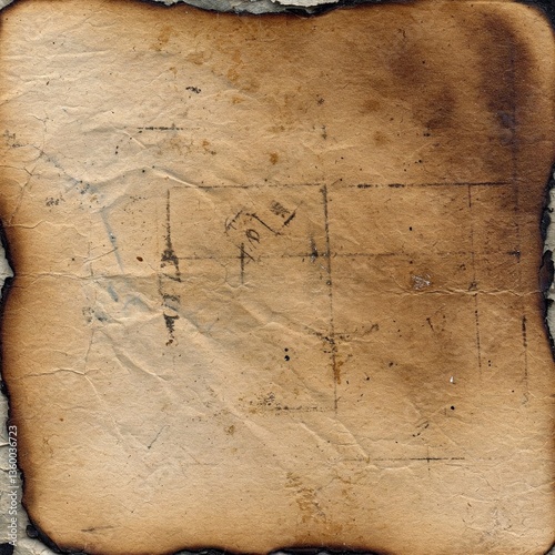 Burnt and stained paper grunge texture with faded ink marks