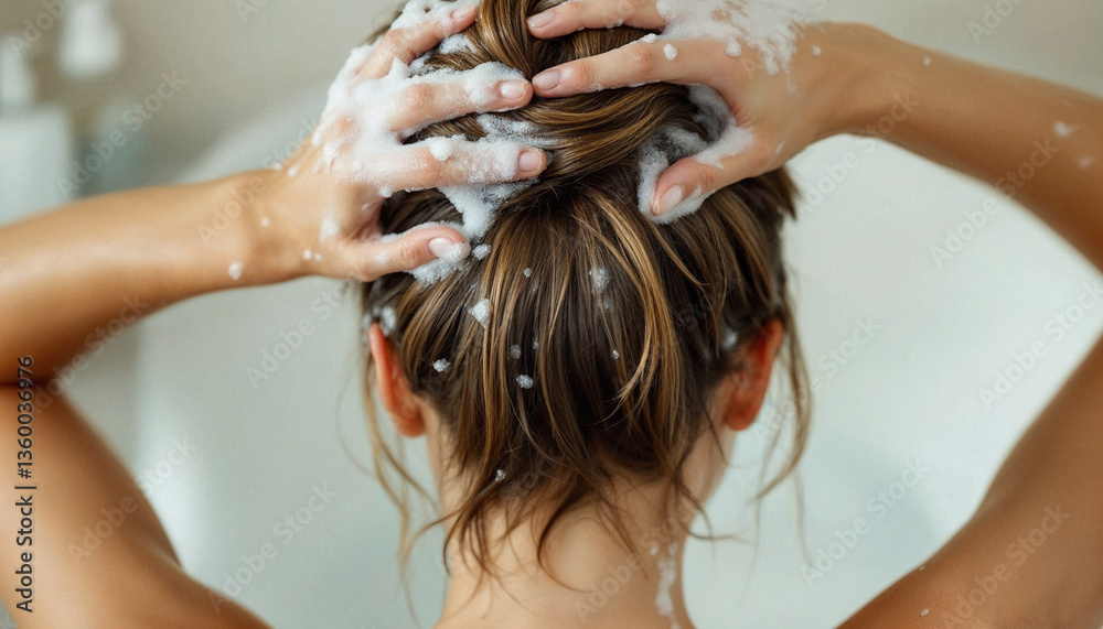 Fototapeta premium Close-up of a woman washing her hair, covered in shampoo suds, in a softly lit bathroom.