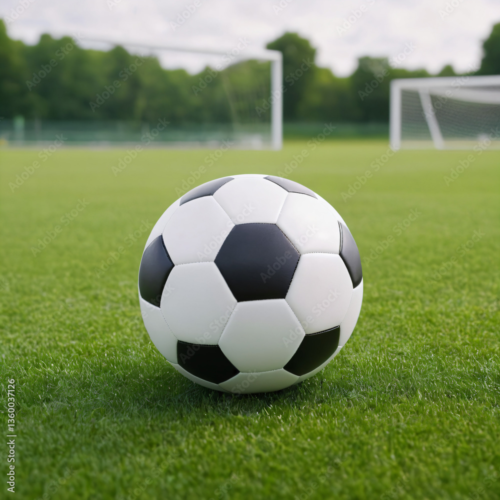 Fototapeta premium Classic black and white soccer ball on a grassy field. In the background, there are two goalposts. The setting appears to be a soccer field, possibly in a park or stadium, with trees in the distance.