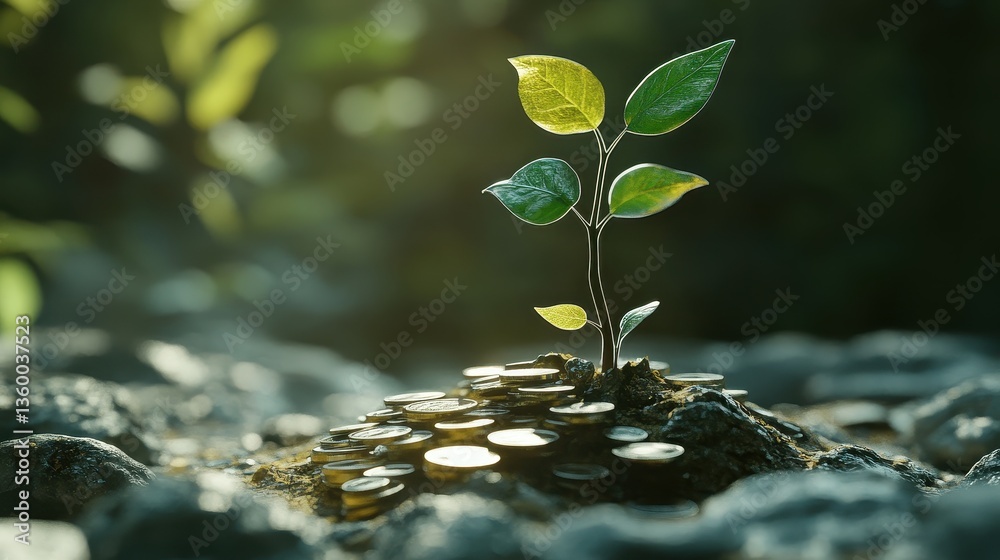 Naklejka premium Investment growth, tree growing from a pile of coins, 3D illustration. 