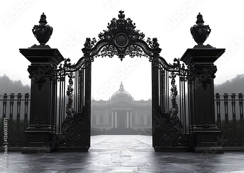 Ornate black wrought iron gates open to a mansion facade