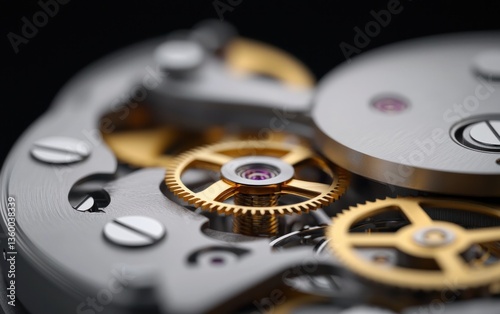 Wallpaper Mural Close-up view of intricate gold and silver gears in a mechanical watch movement against a dark background.  The image showcases precision engineering and craftsmanship Torontodigital.ca