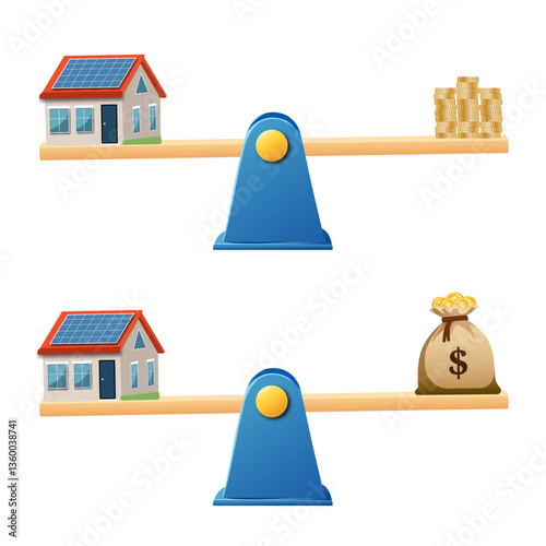 A balance scale compares real estate affordability. A house on one side, money on the other, symbolizing mortgage, financing, rising property costs, and the financial burden of homeownership