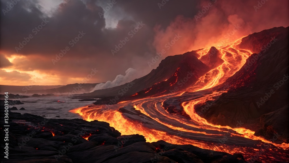 Fototapeta premium Fiery Lava Flow Cascading Down Mountainside Against Dark Sky