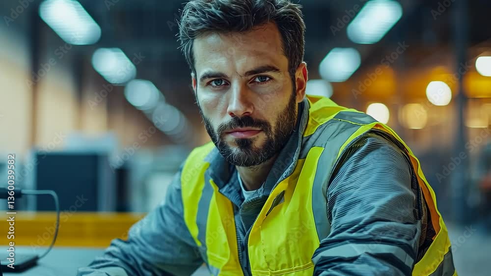Focused Worker in Safety Vest at Industrial Workspace Desk Focused Worker in Safety Vest at Industrial Workspace Desk