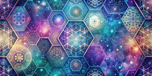 Cosmic Hexagon Mandala Mosaic An Abstract Universe of Sacred Geometry and Celestial Wonders
