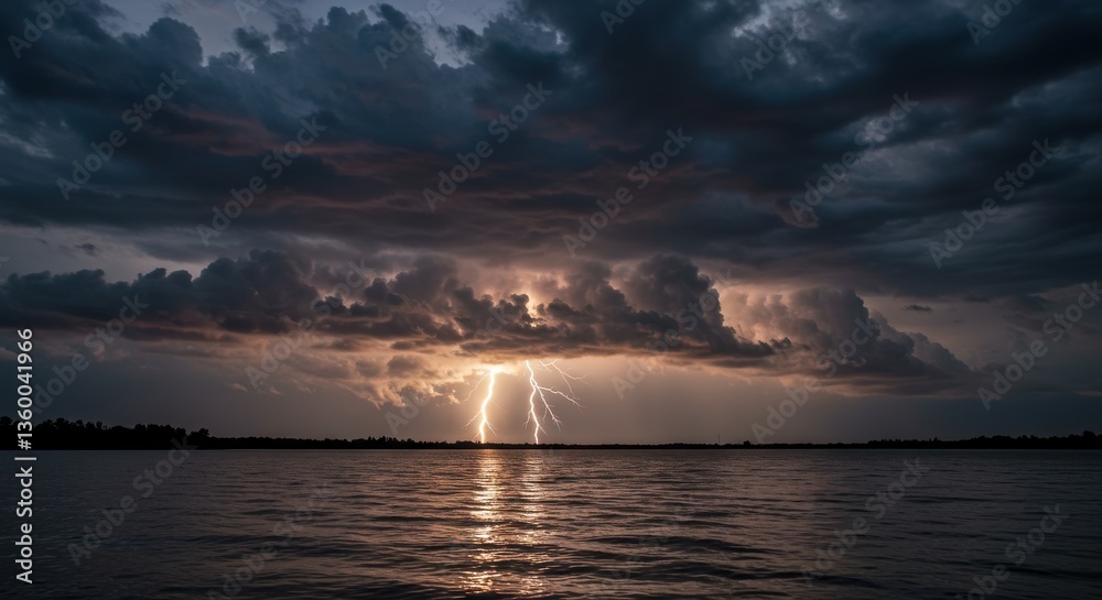 Electrifying lightning strike over calm water with dark clouds, showcasing raw natural power and beauty. Electrifying lightning strike over calm water with dark clouds, showcasing raw natural power and beauty.