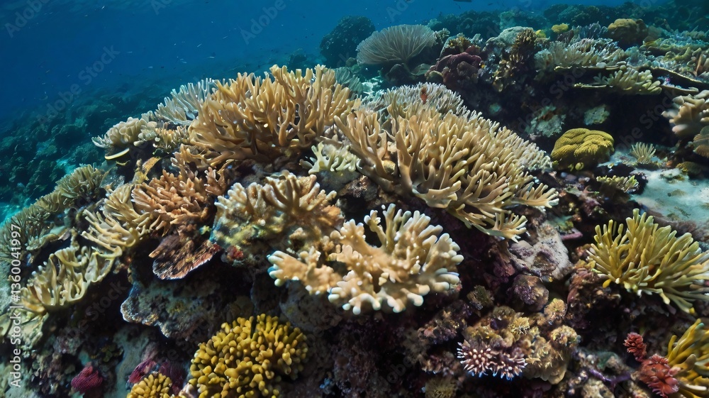 Fototapeta premium An underwater view displaying diverse coral reef formations in the ocean