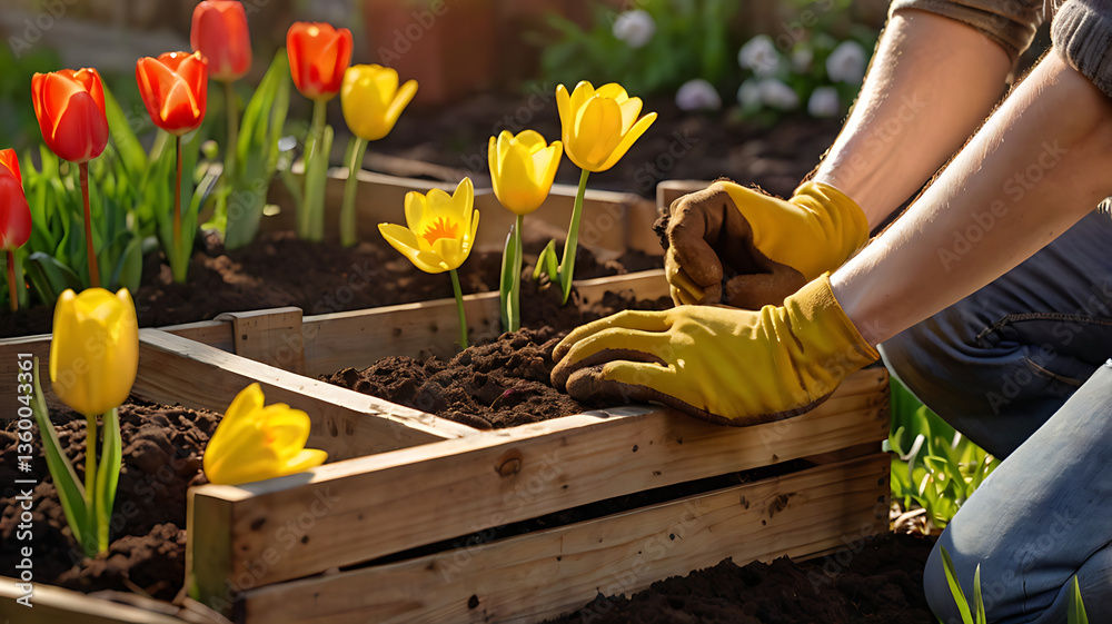 Fototapeta premium Gardener Planting Yellow Tulips in Wooden Crates