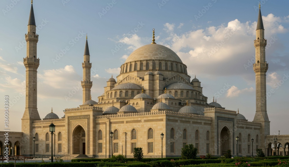 Fototapeta premium Grand mosque with minarets and dome against a bright sky.