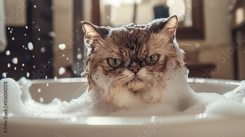 Feline Friend Bathing in Bubbles with a Grumpy Expression Under Bright Studio Lighting photo