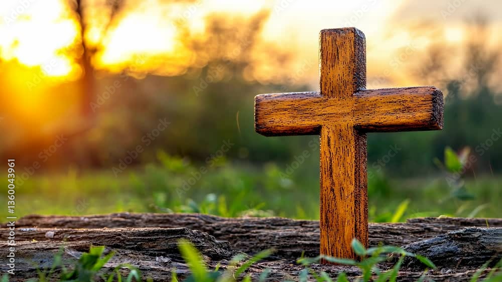 Wooden Cross on Ground with Sunset Background and Soft Light Wooden Cross on Ground with Sunset Background and Soft Light