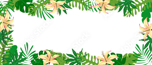 Vector illustration of tropical jungle, horizontal, banner template. Summer design. Monstera, hibiscus, bird of paradise flowers, tropical plants. Summer aloha illustration