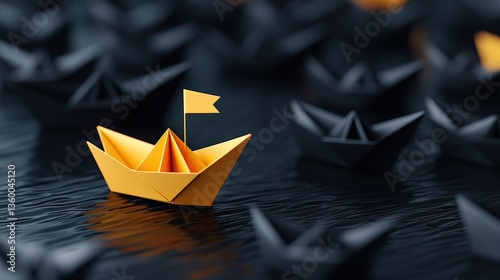A vibrant yellow origami boat stands out amidst a sea of black origami boats, symbolizing uniqueness and creativity in a minimalist setting.