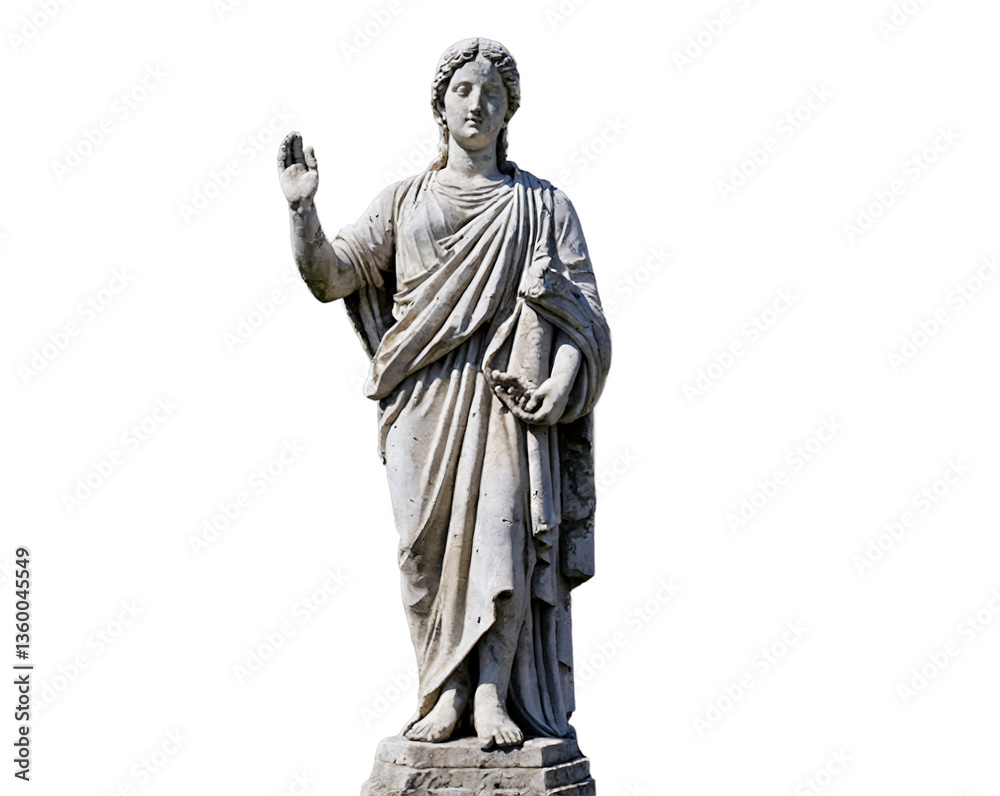 Fototapeta premium Ancient Stone Sculpture of a Woman with Missing Arm Exhibiting Timeless Artistry and the Ravages of Time Representing Classical Beauty and Architectural Heritage