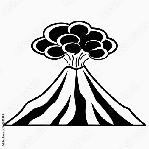 Vector illustration of a volcano with silhouettes of a man and woman in smoke surrounded by cartoon sheep, trees, and flowers, creating a fun and cute farm nature scene